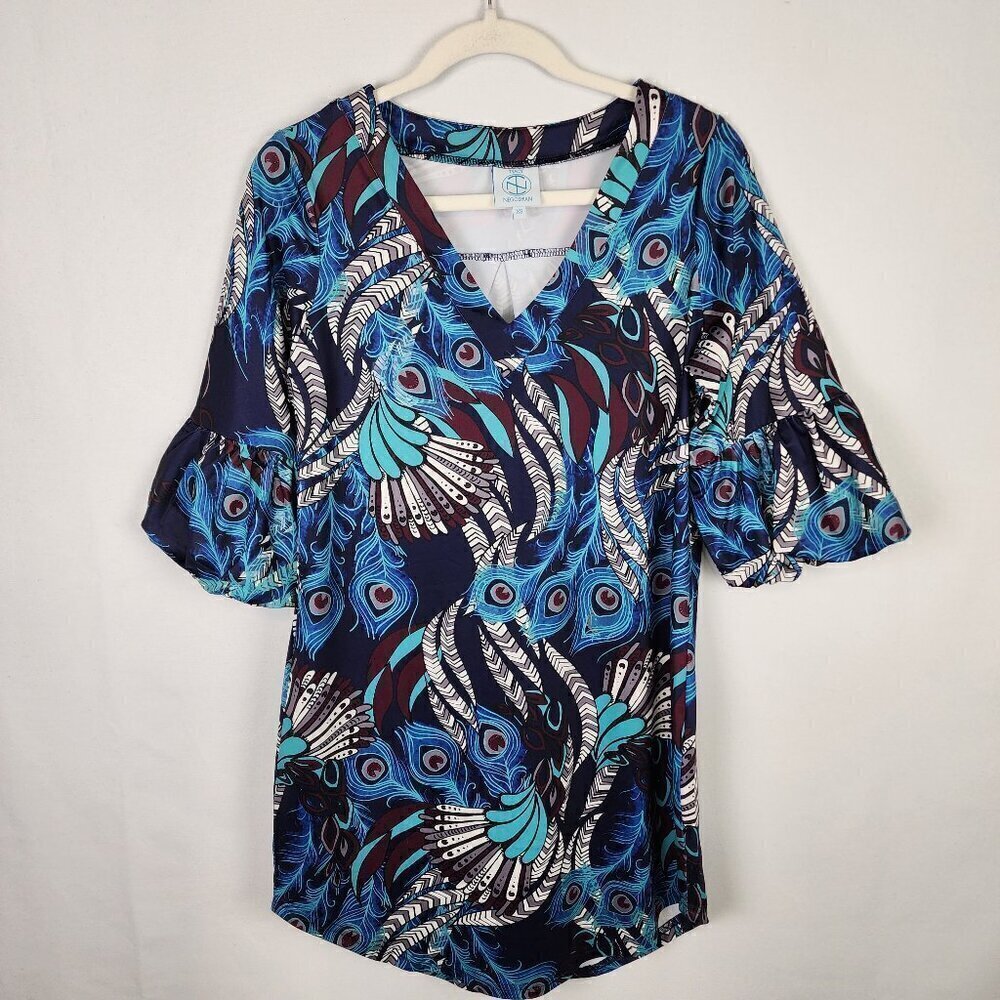 Tracy Negoshian Women's V-neck Puffy Sleeve Peacock Feather Shift Dress SIZE XS